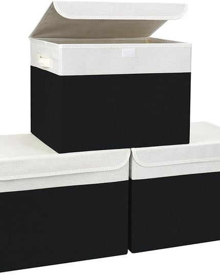 Large 17" 42 Quarts Collapsible Stackable Storage Bins with Lids [3-Pack] Foldable Fabric Linen Storage Boxes Cube, Closet Organizer Baskets with Label for Home (16.7 x 12 x 12", Black & White)
