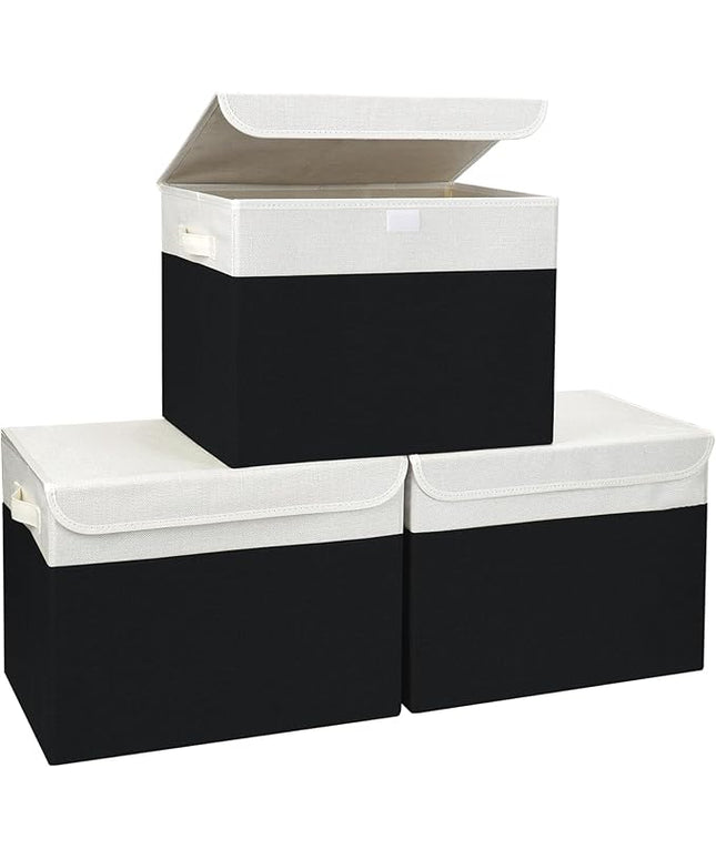 Large 17" 42 Quarts Collapsible Stackable Storage Bins with Lids [3-Pack] Foldable Fabric Linen Storage Boxes Cube, Closet Organizer Baskets with Label for Home (16.7 x 12 x 12", Black & White)