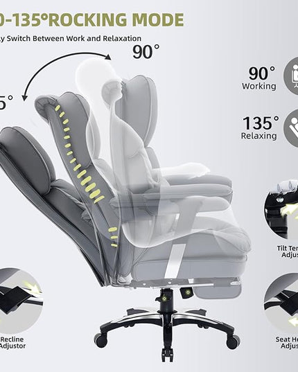 Efomao Big and Tall Office Chair with Footrest – High Back Computer Chair with Adjustable Armrests，Executive Office Chair with Wide Seat, Modern Desk Chair for Home Office, Gaming, or Study, Grey
