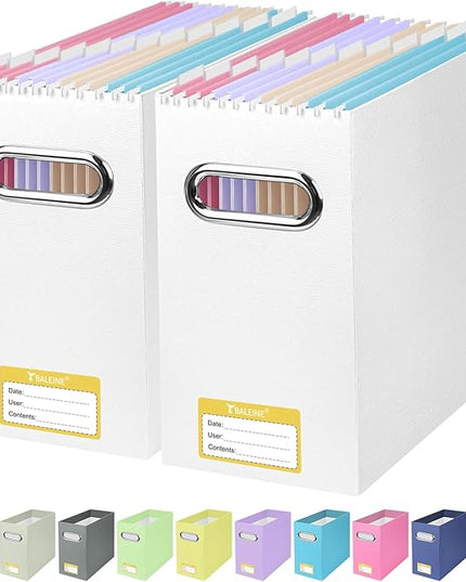 BALEINE File Organizer Box, Cardboard File Folder Organizer with Handle for Letter Size, Portable Collapsible Hanging Filing Box for Home Office Document Storage (2 Pack, White)