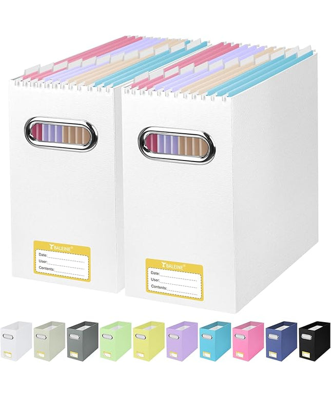 BALEINE File Organizer Box, Cardboard File Folder Organizer with Handle for Letter Size, Portable Collapsible Hanging Filing Box for Home Office Document Storage (2 Pack, White)