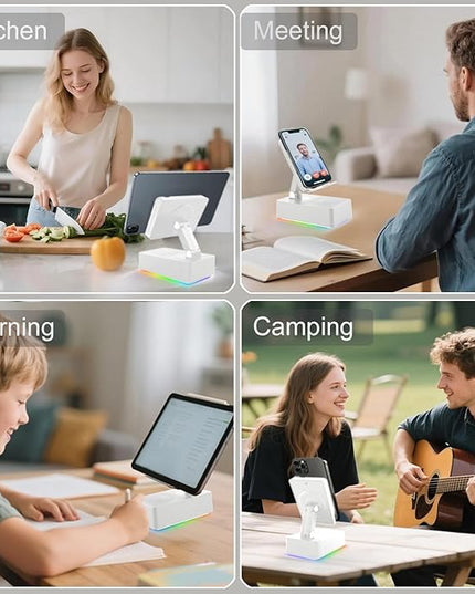 Wireless Induction Bluetooth Speaker, 5-in-1 Foldable Phone Holder, 1500mAh Emergency Charging, Colorful LED Ambient Light, Tech Gadgets Gifts for Men Women, for iPhone Android Tablet, Ivory