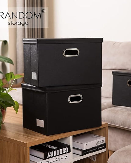 PRANDOM Large Stackable Storage Boxes with Lids [5-Pack] Leather Fabric Foldable Storage Bins Organizer Containers Baskets Cubes with Cover for Bedroom Closet Office Nursery Black(17.7x11.8x11.8)