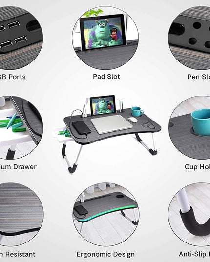 Slendor Lap Desk with Tablet Slot, Foldable Laptop Table with Storage Drawer for Bed，Portable Bed Desk for Laptop, Computer Tray with Cup Holder Notebook Stand Reading Holder for Couch Floor, Black
