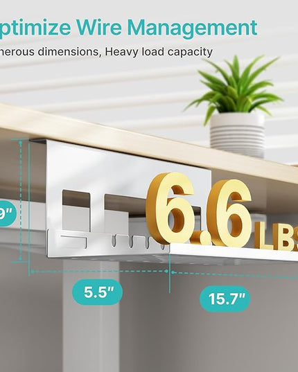 Under Desk Cable Management Tray, 15.7 Inches Metal Cord Organizer Rack, Desk Tray for Power Strip, Cord, Wire, Easy Mounting Cable Management Under Table for Home Office, White