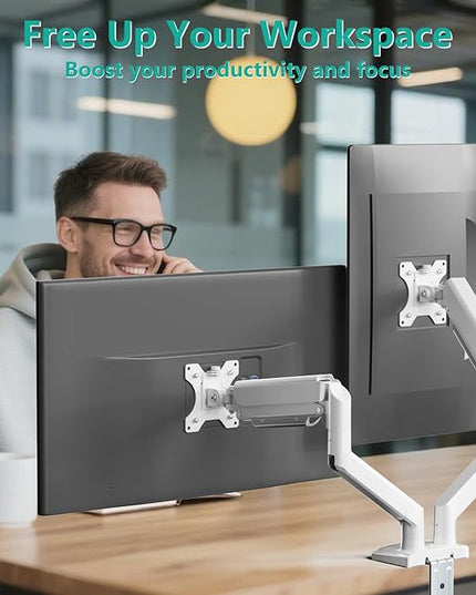 WALI Dual Monitor Stand for 17-32 inch Screens, Dual Monitor Arms for 2 Monitors Holds up to 19.8 lbs, Adjustable Gas Spring Dual Monitors Mount, VESA 75x75/100x100mm (GSMP002NW), White