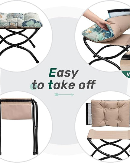 HollyHOME 15"(H) Folding Footrest Stool, Upholstered Small Foldable Ottoman, Accent Padded Sofa Foot Stool for Lazy Chair, Metal Frame Portable Foot Rest Ottoman for Living Room, Bedroom, Fan Print