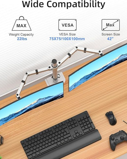 Suptek Dual Monitor Desk Mount, Adjustable Dual Monitor Arm for 2 Monitor Screens up to 42 inch, Extra Tall 15.75" Pole Monitor Stand for Desk, Holds up to 22 lbs,Silver(MD9442LS)