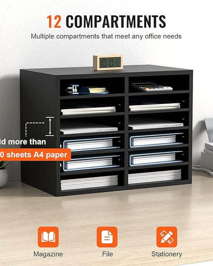 VEVOR Literature Organizers, 12 Compartments Office Mailbox with Adjustable Shelves，Wood Literature sorter 20.4x12x16.1 inches for Office, Home, Classroom, Mailrooms Organization, EPA Certified Black