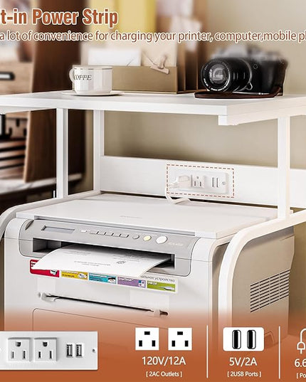 VEDECASA Mobile High Printer Stand with Power Outlet Charging Plugs USB Port Office Storage Shelf Includes Computer Tower CPU Stand Holder with Wheel (White)