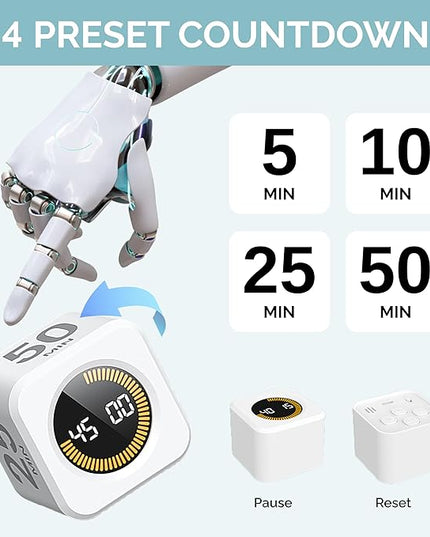 KADAMS Pomodoro Cube Timer Productivity Visual Timer 5/10/25/50 Min Customize Timer, Rotating Countdown Countup, Mute - for Work Study Cook Workout Kitchen Classroom for Kid (White)