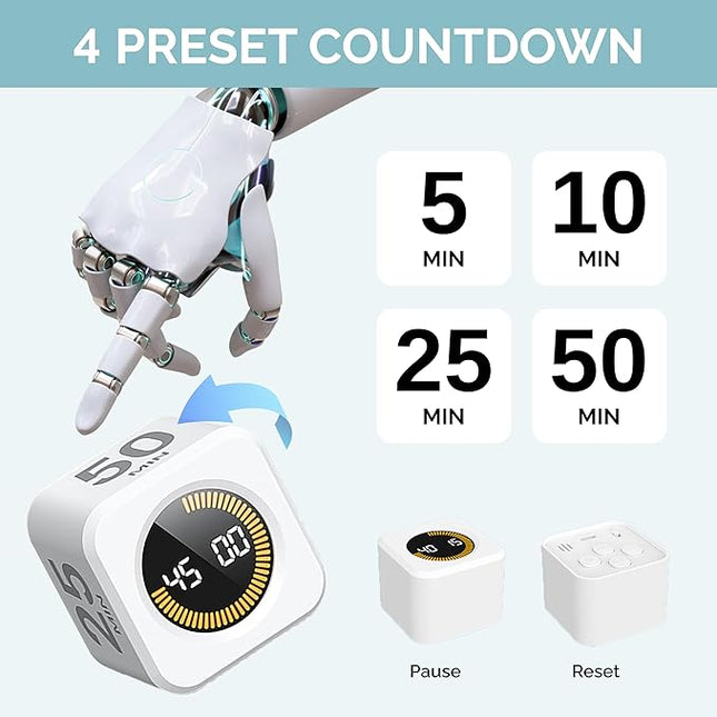 KADAMS Pomodoro Cube Timer Productivity Visual Timer 5/10/25/50 Min Customize Timer, Rotating Countdown Countup, Mute - for Work Study Cook Workout Kitchen Classroom for Kid (White)