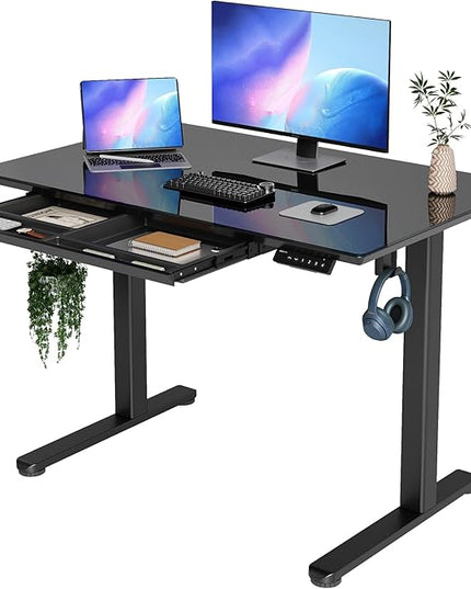 INNOVAR Glass Standing Desk with Drawers, 40×24 Inch Adjustable Stand Up Desk Quick Install Home Office Computer Desk, Black