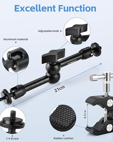 UTEBIT 9" Magic Arm Clamp Mount Kit, 360° Ball Heads with ARRI 1/4" & 3/8" Thread Screw, Camera Mount Adjustable Friction Arm w Super Clamp for DSLRs, Camera Cage, Monitor, LED Light, Action Camera