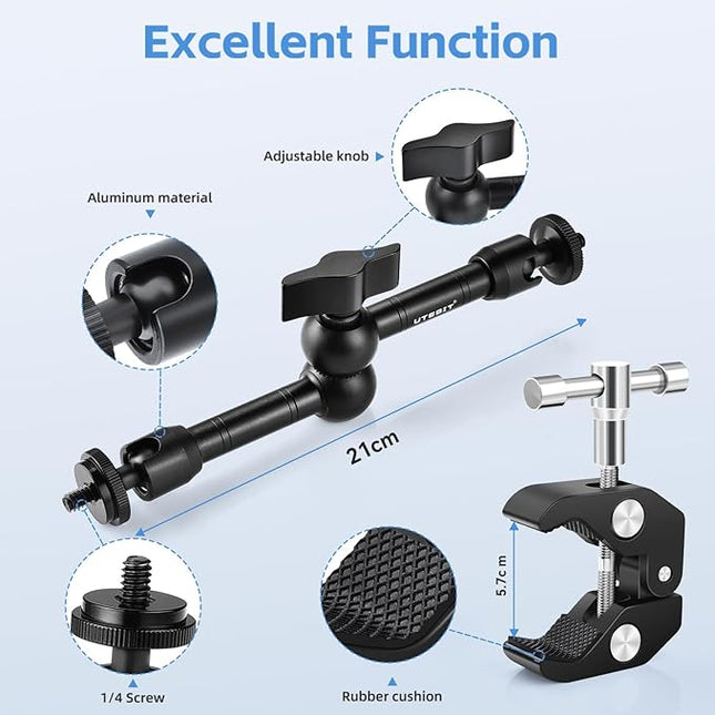 UTEBIT 9" Magic Arm Clamp Mount Kit, 360° Ball Heads with ARRI 1/4" & 3/8" Thread Screw, Camera Mount Adjustable Friction Arm w Super Clamp for DSLRs, Camera Cage, Monitor, LED Light, Action Camera