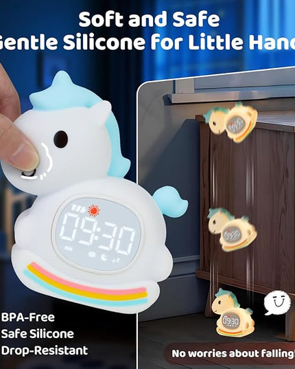 Alarm Clock with Night Light for Kids with Sleep Training and Sound Machine, Rechargeable Silicone Lamp OK to Wake Clock，Cute Animal Tabletop Lamp, Perfect Sleep Companion for Boys Girls，Blue Pony