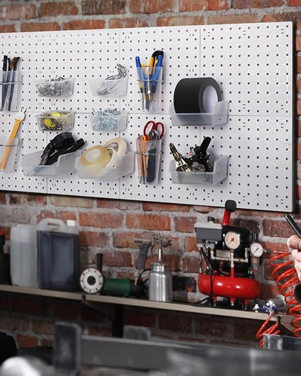 Roowest 60 Pcs Pegboard Cups Pegboard Bins Set, Wall Organizer with Hooks and Loops, Hooks Assortment Organizer Accessory for Office Storage Garage Craft Workshop(Clear)
