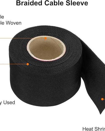MECCANIXITY Braided Cable Sleeves Heat Shrinkable Fabric Sleeving, 2" 26ft Black 2:1 Ratio Heat Shrinkable Cord Protector for Harness Cable, Network Cable Protection, Cable Management