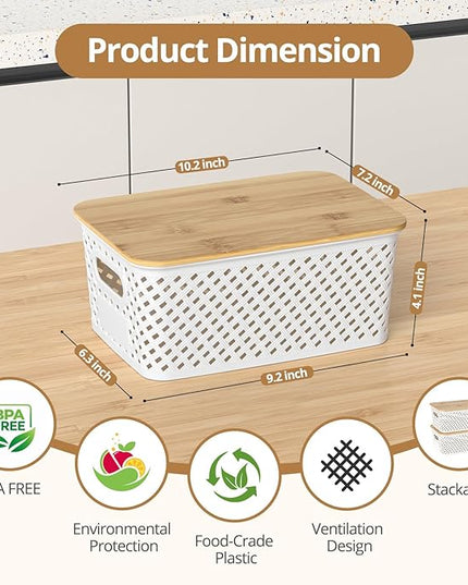 Plastic Storage Bins with Bamboo Lids, Stackable Small Box Baskets for Organizing and Containers for Shelves Drawers Desktop Closet Pantry Classroom Office Home, 6 Pack 10.2x7.2x4.1 Inch, White