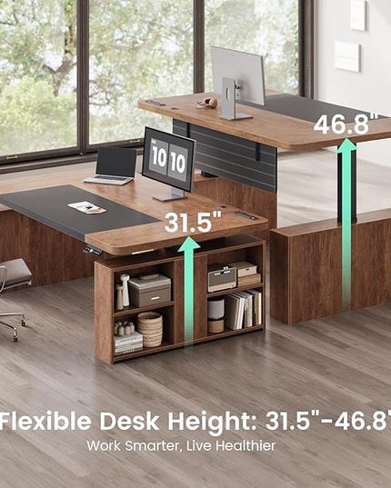 SEDETA 63" Executive Standing Desk with Storage, Executive Height Adjustable Desk with Power Outlets, Large Computer Office Desk with Privacy Panel for Home Office, Warm Golden Brown