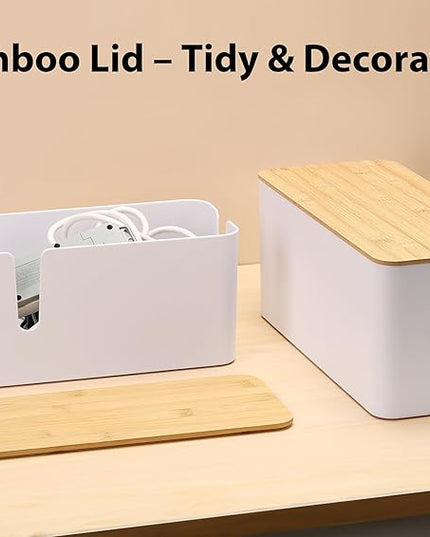 ZhiYo Bamboo Lid Cord Organizer Box, 2Pack Large Cable Management Box, Safe ABS Wire Organizer for TV and Computer, Wood Cover Cord Hider to Hide Wires, USB Hub & Under Desk Power Strip, White