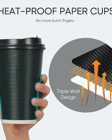 Coolcap 100 Pack 16 oz Disposable Coffee Cups with Lids and Straws, Insulated Ripple Wall To Go Paper Corrugated Cups, Bulk for Hot/Cold Drinks, Cafe Bar, Office, Chocolate, Cocoa (Black)