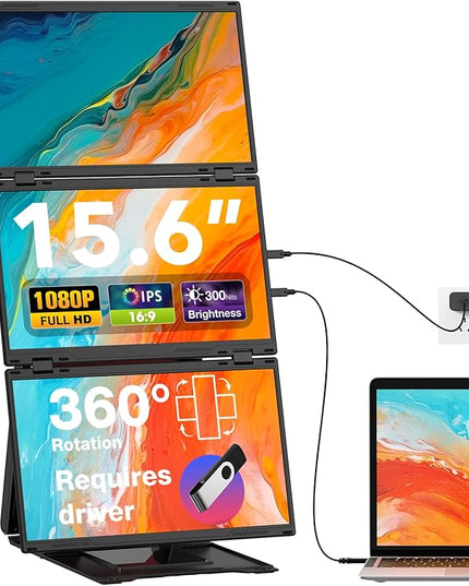 Quad Laptop Screen Extender, 15.6" FHD 1080P Triple Monitor, Combine into One 30" Screen (Landscape/Portrait), Just 1 Cable for 3 Screens, Driver Required, Compatible with Wins & Mac(M1/M2/ M3/M4/M5)