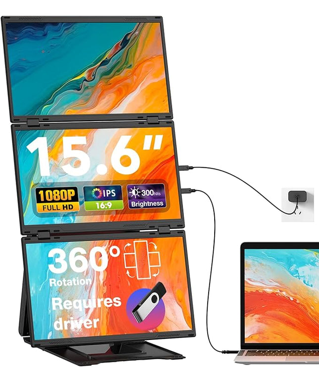 Quad Laptop Screen Extender, 15.6" FHD 1080P Triple Monitor, Combine into One 30" Screen (Landscape/Portrait), Just 1 Cable for 3 Screens, Driver Required, Compatible with Wins & Mac(M1/M2/ M3/M4/M5)