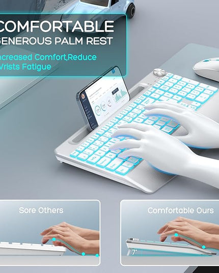 JOYACCESS Ergonomic Wireless Keyboard with Phone Holder,Rechargeable Backlt Wireless Keyboard Mouse Combo with Light Up Keys for for Laptop, PC, Mac, Windows-Silver White