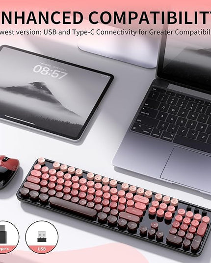 Wireless Keyboard and Mouse, 104 Round Keycaps Retro Typewriter with OTG & Brush, Full-Size Ergonomic, Ideal for Windows PC, Home, Office and College Black Pink