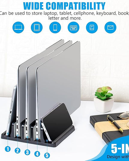 Ryvlan Vertical Laptop Stand, 3 Slot Adjustable Laptop Storage Rack and Desk Organizer, Silicone-Padded Holder for Multiple Devices Storage, Compatible Stand for Tablets and Devices up to 17 Inches