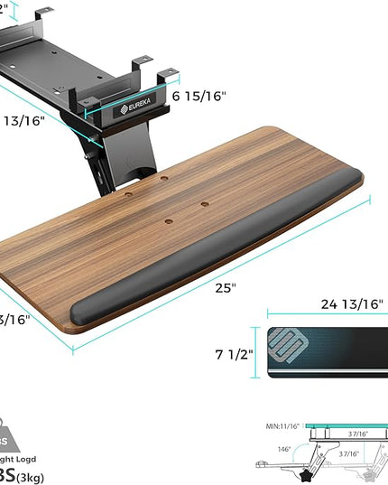 EUREKA ERGONOMIC Keyboard Tray Height Adjustable, Swivel Tilt Computer Keyboard Drawer Under Desk, 25x9.13'' Sliding Keyboard & Mouse Platform with Mouse Pad for Typing, Walnut
