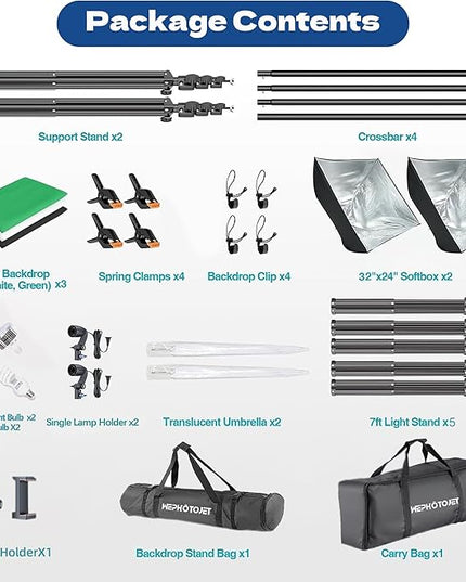 Photography Softboxes Kit with 8.5x10ft Backdrop Stands, 5 Tripod Stands, 3 Color Background Screen, Softbox with 85W Led Bulb, Photo Studio Equipment for Video Shoot, Product & Portrait