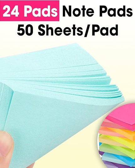 24 Pads Sticky Notes 3x3, Self-Stick Pads Bulk Bright Colors, School Supplies, Office Products, 50 Sheet/Pad
