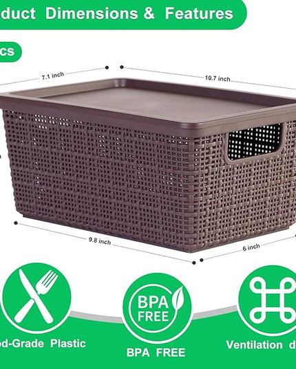 6 Pack Plastic Storage Baskets With Lids,Brown Breathable Stackable Storage Bins,Small Storage Containers,for Organizing Storage Baskets on Desktops,Closets,Playrooms,Classrooms,Offices