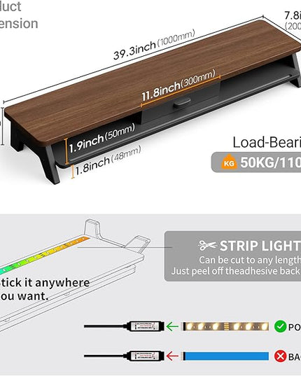 Dual Monitor Stand Riser,LED 2-Tier 39.3 Inch Computer Monitor Stand for 2 Monitors,Office Desktop Organizer with Storage Drawer and Phone Holder for Laptop,PC,Computer,Printer,Walnut