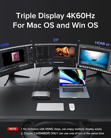 PULWTOP Displaylink Docking Station, Triple Display DisplayLink Dock for MacBook M1/M2/M3 Windows, 4K@60Hz Laptop Docking Station with 2 HDMI, 2 Display Port, PD, USB C Data, 4 USBA, Ethernet, Audio