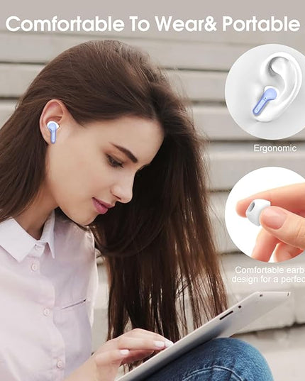 Wireless Earbuds, Bluetooth 5.4 Headphones HiFi Stereo, Bluetooth Earbuds with ENC Noise Cancelling Mic, IP7 Waterproof in Ear Earphones, 48H, LED Display Ear buds for Pad Workout Sports, White Purple