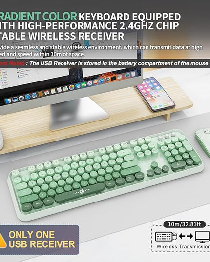 FOPETT Wireless Keyboard and Mouse Combo - 2.4G Full-Sized Cute Colorful Mouse and Keyboard with 104 Round Keys Retro Typewriter Keyboard for Laptop/Windows/PC - Green Gradient