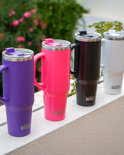50oz Tumbler with Handle and Straw - Large Insulated Travel Mug for Water, Hot and Iced Coffee - Leak Resistant Stainless Steel Insulated Tumbler with Lid - Gifts for Mom, Women and Men (Matte Black)