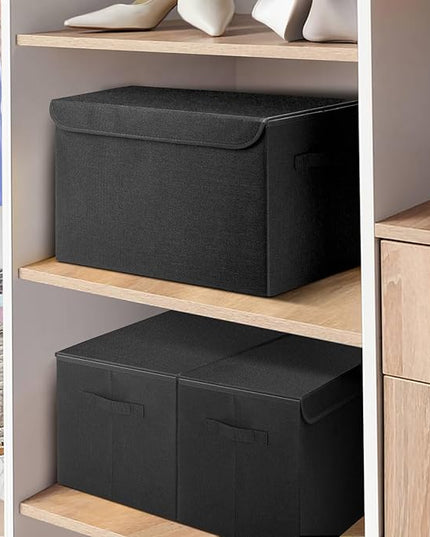 Large 22 Quart Linen Fabric Foldable Storage Bin Cube Organizer Basket with Flip-Top Lid & Handles, Clothes Blanket Box for Home, Office, Closet, Black, 4 Pack 14.6 x 9.5 x 9.5”