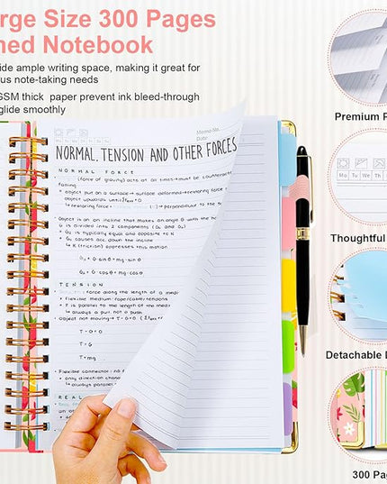 Spiral Journal Notebooks for Work, 300 Pages 5 Subject Notebook College Ruled with Dividers & Tabs, 8''x 10'' Large Notebook Journal for Women Students Note-Taking and Organizer (Pink Floral)