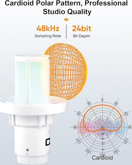 COMICA Ejoy Uni(A) USB Gaming Microphone with Noise Cancellation, RGB Lights, Monitoring, Muting, Streaming Mic for Computer, PS5, PS4, Streaming, Podcast, Chat, Twitch, YouTube, Discord(White)