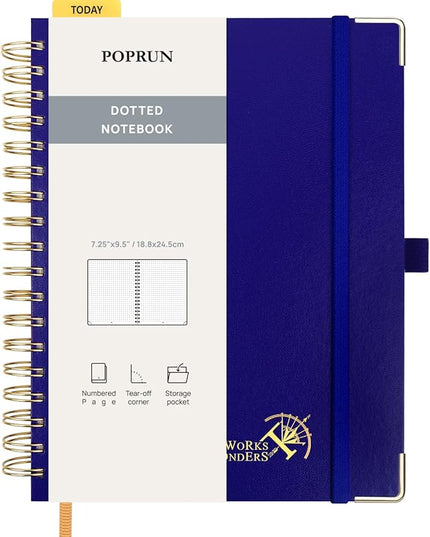POPRUN Spiral Bullet Dotted Journal Notebook, 7-1/4" x 9-1/2" - 120 GSM Thick Paper, 220 Numbered Pages, Hardcover for Men & Women with Pocket, Index Tabs, 8 Perforated Sheets, Royal Blue