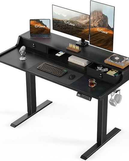 ErGear Electric Standing Desk with Drawers, 48″ x 24″ Gaming Table Compatible Monitor Stand, Stand up Desks, Home Office Height-Adjustable Desk with Storage Shelf, 4 Preset Heights, Black