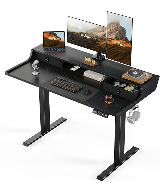 ErGear Electric Standing Desk with Drawers, 48″ x 24″ Gaming Table Compatible Monitor Stand, Stand up Desks, Home Office Height-Adjustable Desk with Storage Shelf, 4 Preset Heights, Black
