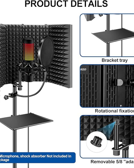 Aokeo Studio Recording Microphone Isolation Shield with Pop Filter & Tripod Stand, High Density Absorbent Foam to Filter Vocal, Foldable Sound Shield for Blue Yeti and Condenser Microphones