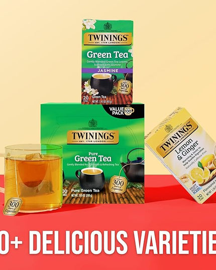 Twinings Pure Green Tea Individually Wrapped Bags, 100 Count (Pack of 1), Smooth & Refreshing, Caffeinated, Enjoy Hot or Iced, 100 Teabags