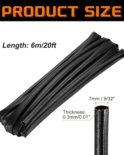 MECCANIXITY 20ft Braided Cable Sleeve, 9/32" ID 200C High Temperature 1500V Fiberglass Wire Insulation Cord Protector Organizer Wires Management for Motor Engine Fuel Line, Black