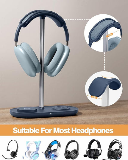 HiWe 3-in-1 Headphone Stand - Universal Desktop Gaming Headset Holder with Wireless Charger for Phones/AirPods/iWatch, Aluminum Alloy Rod, Leather Pad, ABS Solid Base, Blue